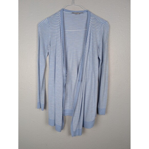 LOFT Sweater Cardigan Womens XS Light Blue White Striped Open Front Knit Drape - Picture 2 of 8